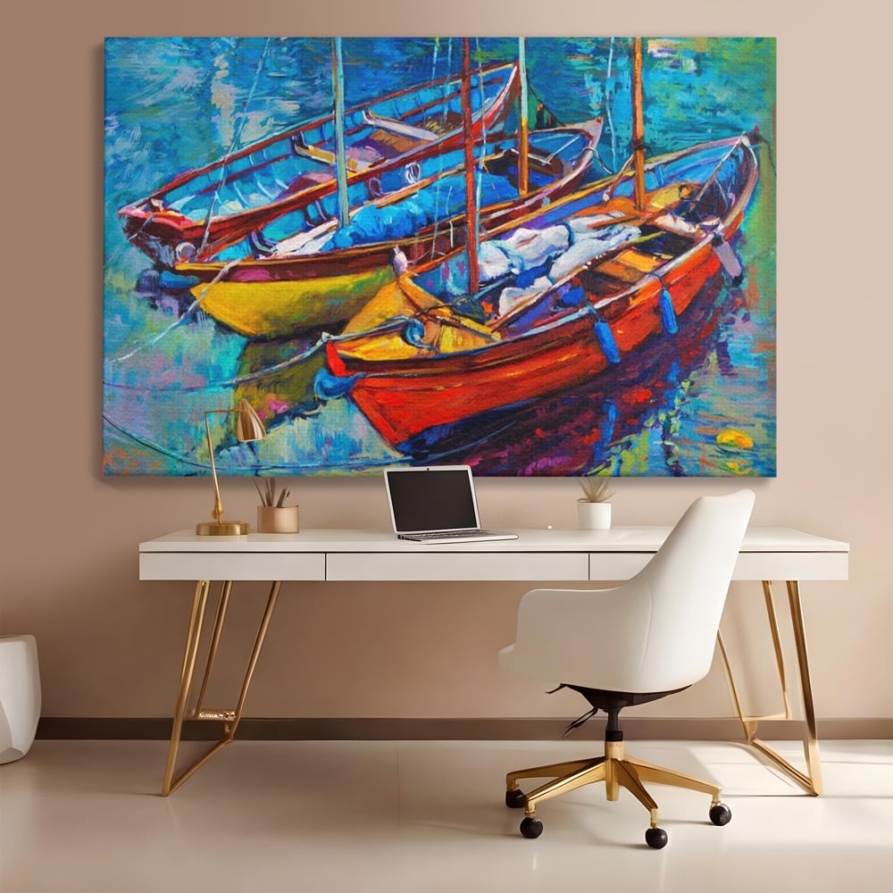 Tablou canvas cu tablou canvas cu barci in port, fara rama, pe sasiu de lemn, pe perete intr-un birou